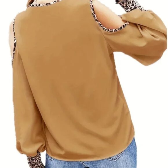 Camel Leopard Trim Cold Shoulder Blouse – Long Sleeve V-Neck Top (1XL) - Picture 2 of 3